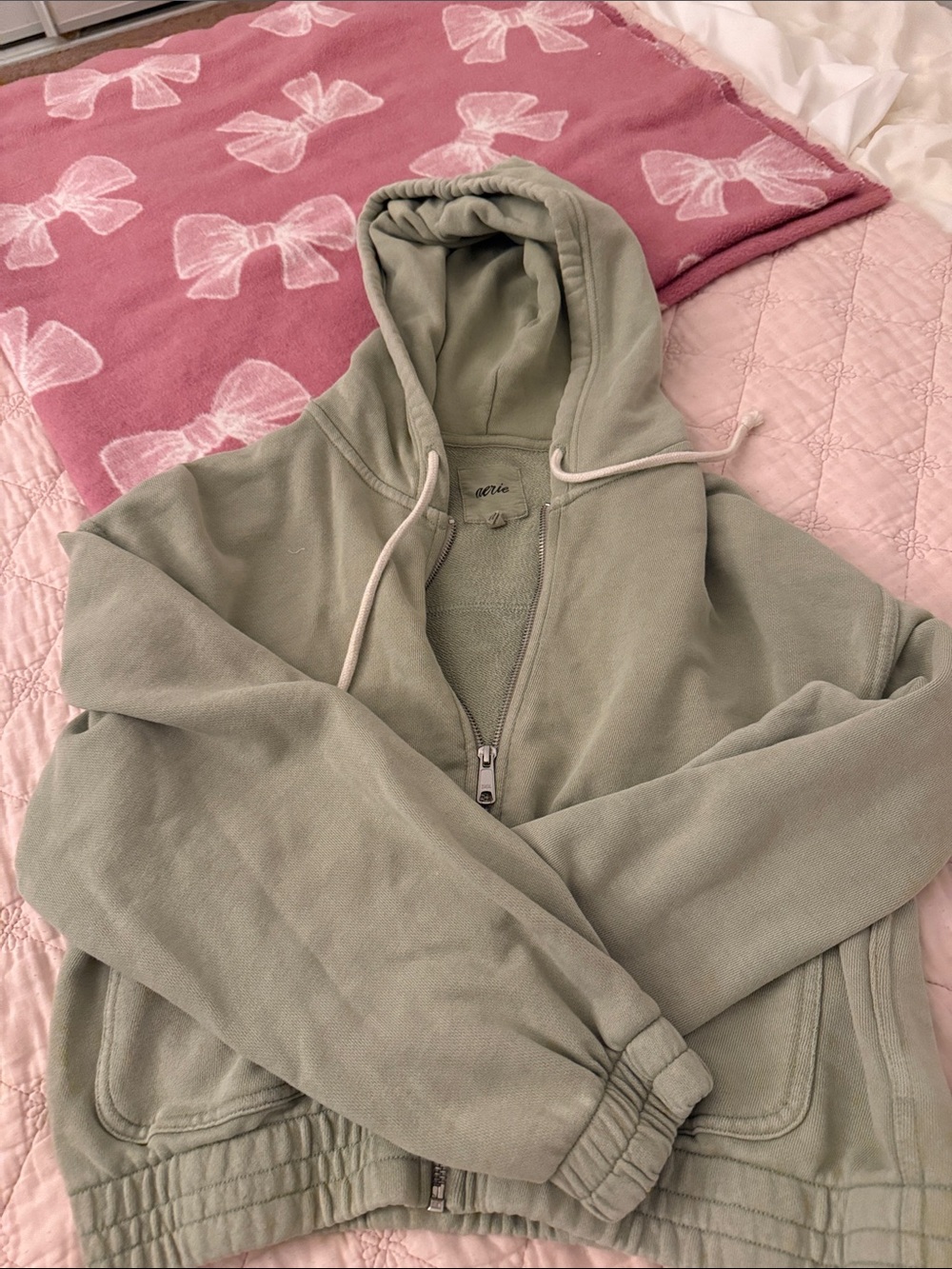 aerie Sage Green Hooded Zip Bomber Jacket